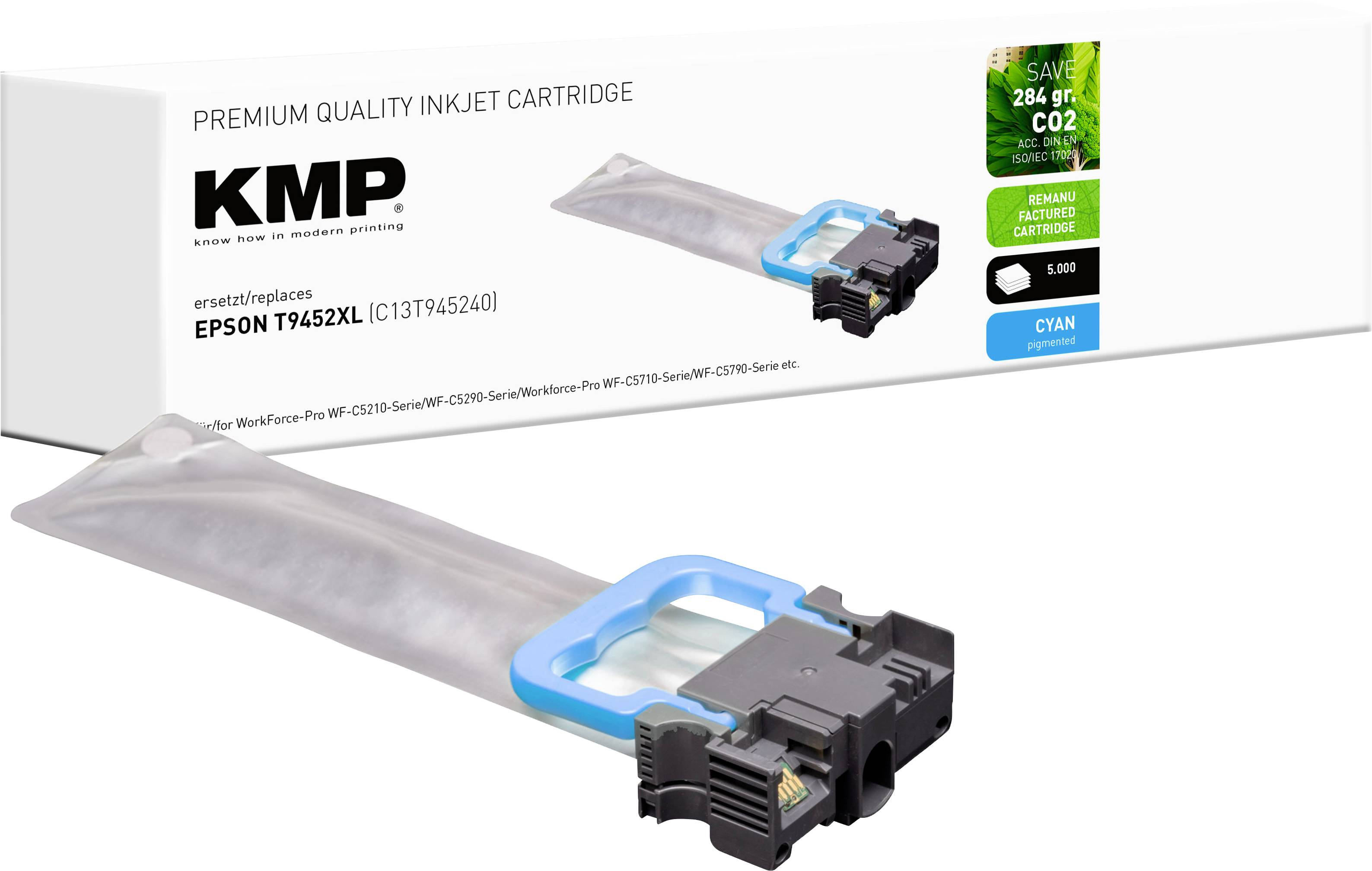 Náhradná atramentová kazeta KMP prémiová kvalita pre Epson T9452XL, azúrová farba, zvýraznená ako šetrná k životnému prostrediu, výťažnosť 5000 strán.