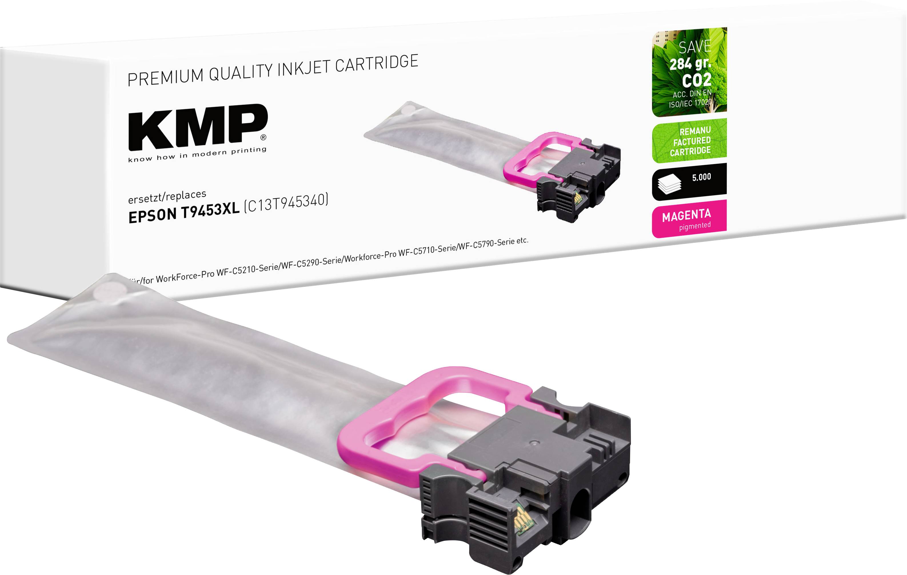KMP atramentová kazeta kompatibilná s Epson T9453XL v magentovej farbe. Škatuľa zvýrazňuje úsporu CO2 a balenie obsahuje jednu kazetu.