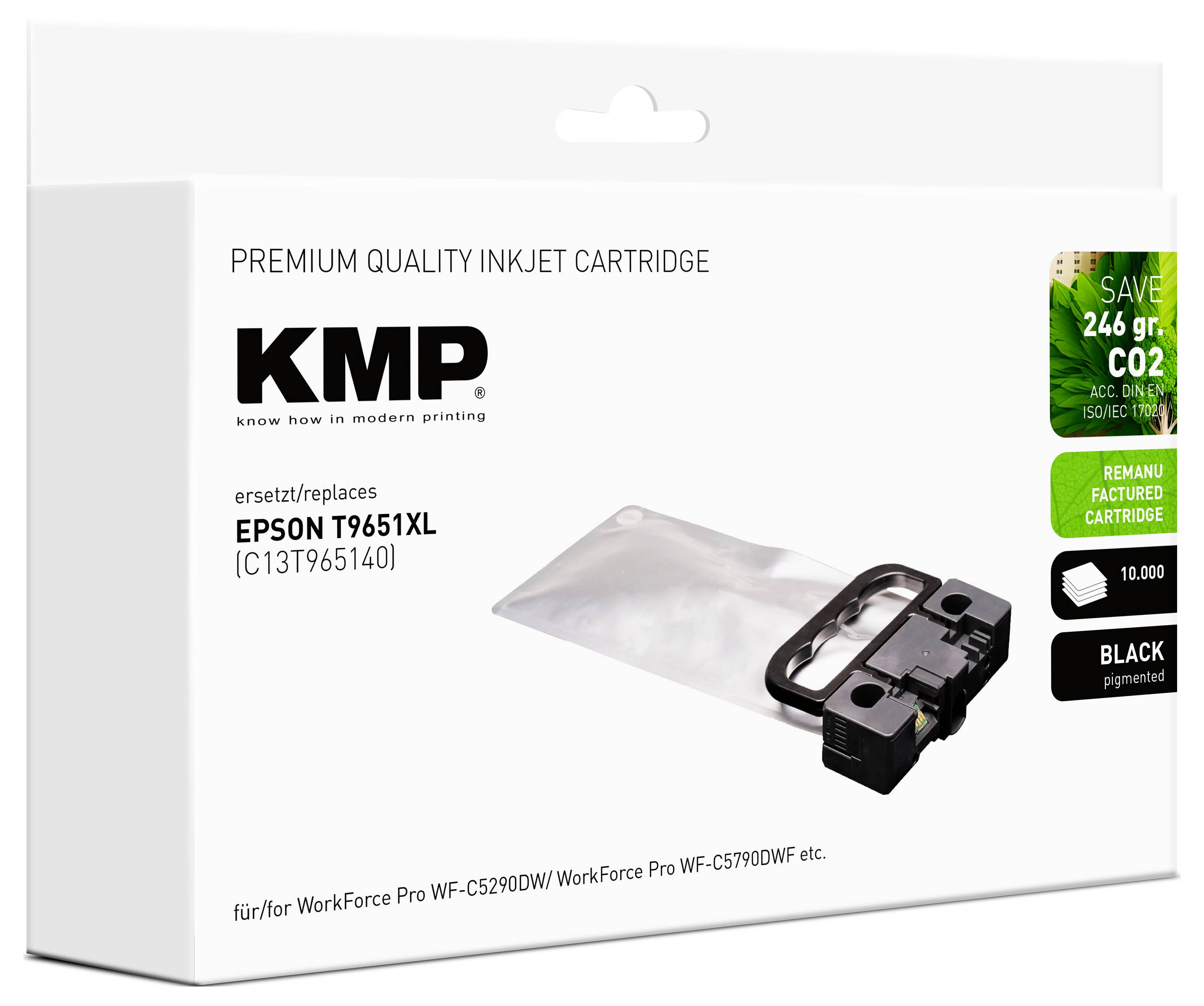 Atramentová kazeta KMP pre Epson T9651XL, repasovaná, čierna, s textom 'ušetrite 246 gr CO2'. Vhodná pre tlačiarne WorkForce Pro WF-C5290DW, WF-C5790DW.