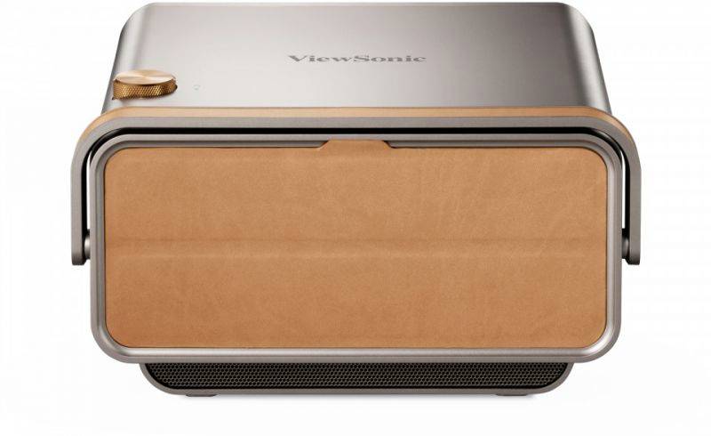 Štýlový, kompaktný projektor s kovovým krytom a jemným oranžovým akcentom na prednej strane.