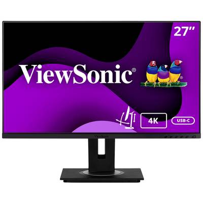 Viewsonic 27-palcový monitor, fialové pozadie, zobrazuje 4K rozlíšenie, USB-C port, symetrické nastavenie stojana, tri farebné vtáky v pravom hornom rohu.
