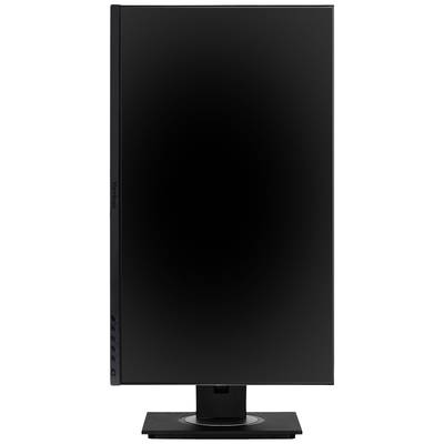 Čierny počítačový monitor, ktorý stojí vertikálne na čiernom stojane. Monitor je vypnutý.