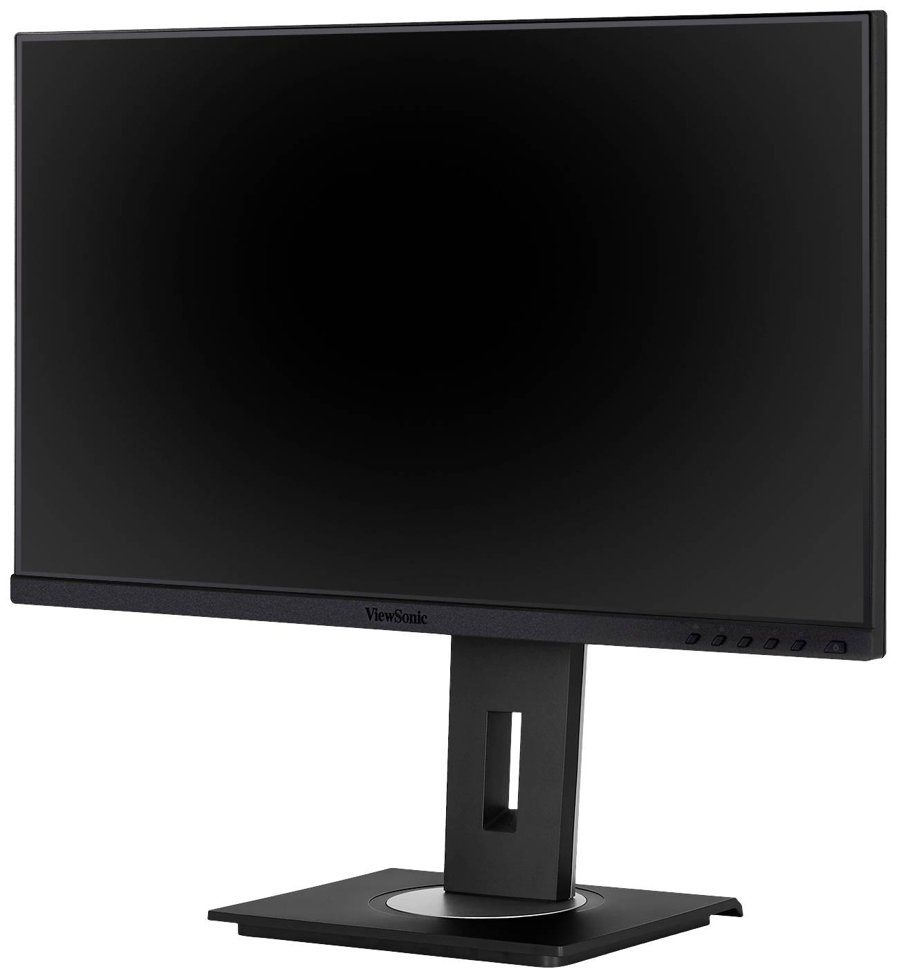 Čierny počítačový monitor značky ViewSonic so štvorcovou základňou. Monitor je vypnutý a nezobrazuje žiadny obsah.