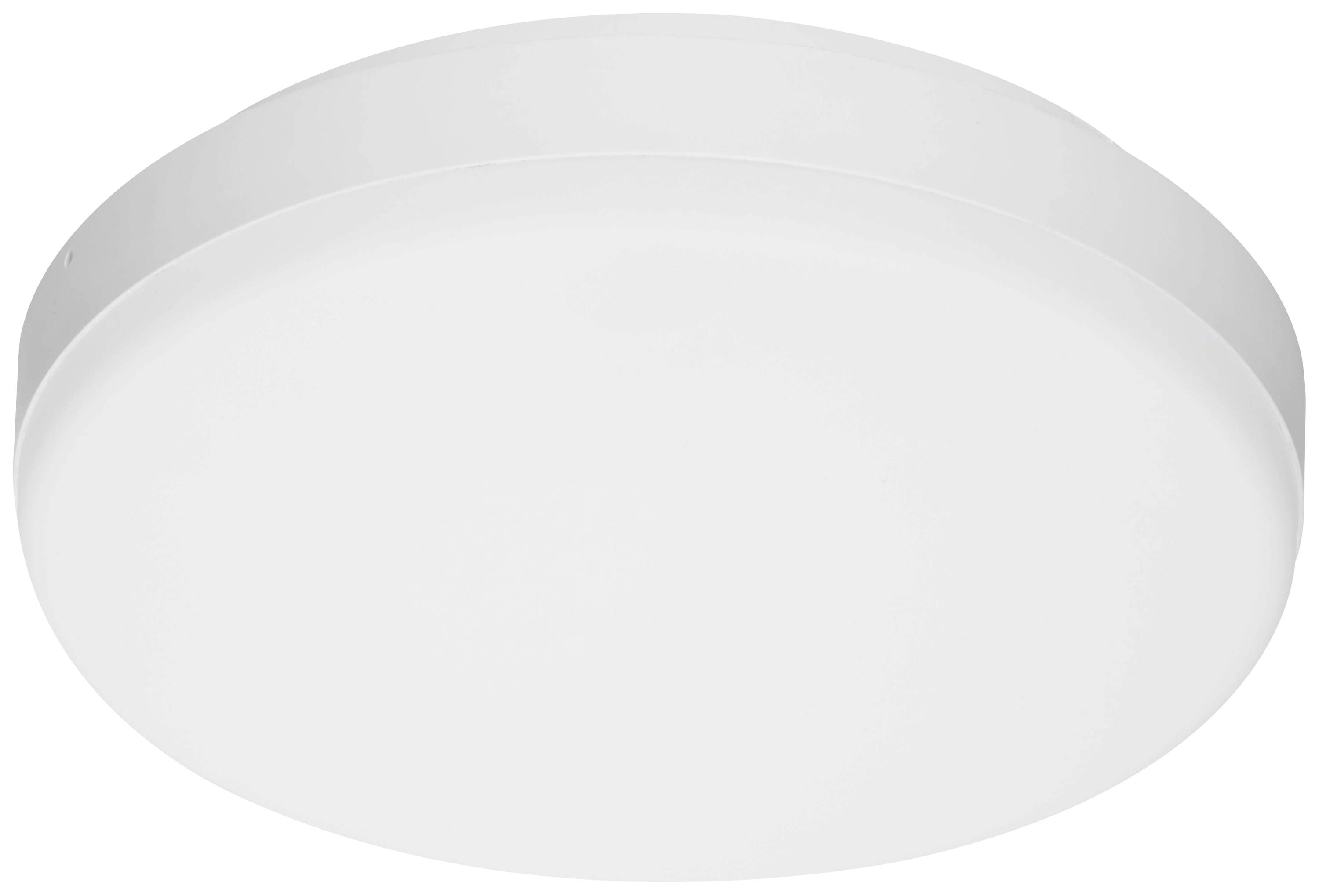 Biela, okrúhla stropná lampa z plastu, minimalistický dizajn, vhodná do moderných interiérov.