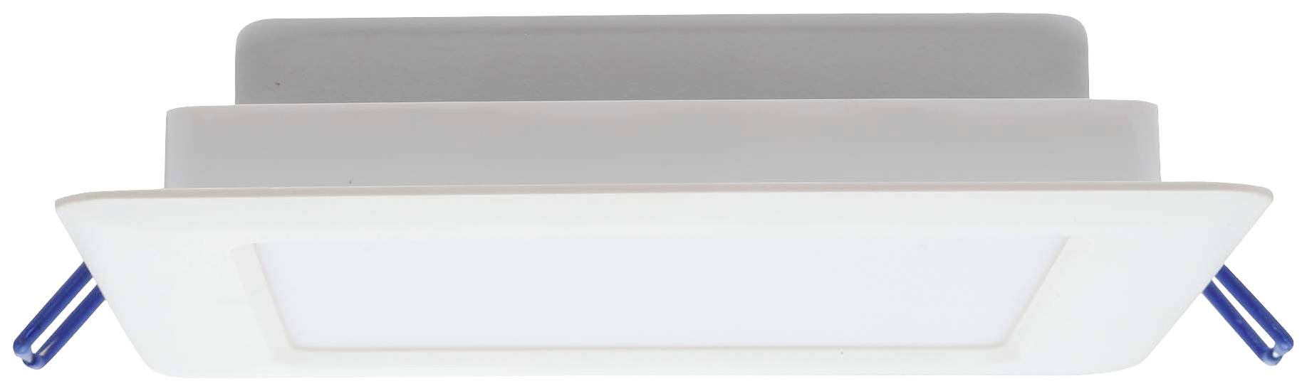 Štvorcové, ploché LED podhľadové svietidlo s bielym rámom a modrou montážnou konzolou, vhodné na inštaláciu do stropu.