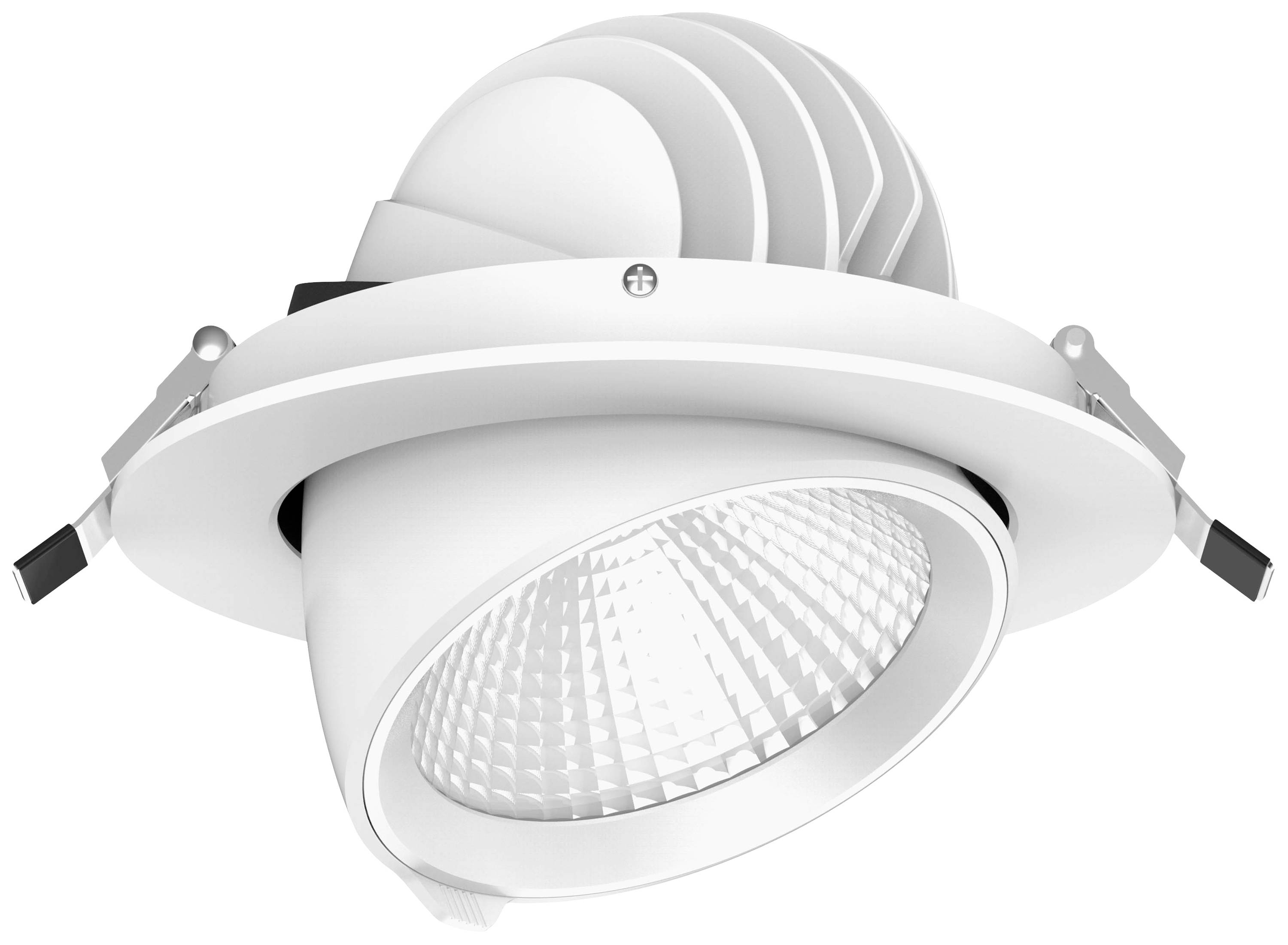 Biely stropný LED reflektor v modernom dizajne, s nastaviteľnou svetelnou hlavicou a štruktúrovaným vnútorným odrazovým povrchom.