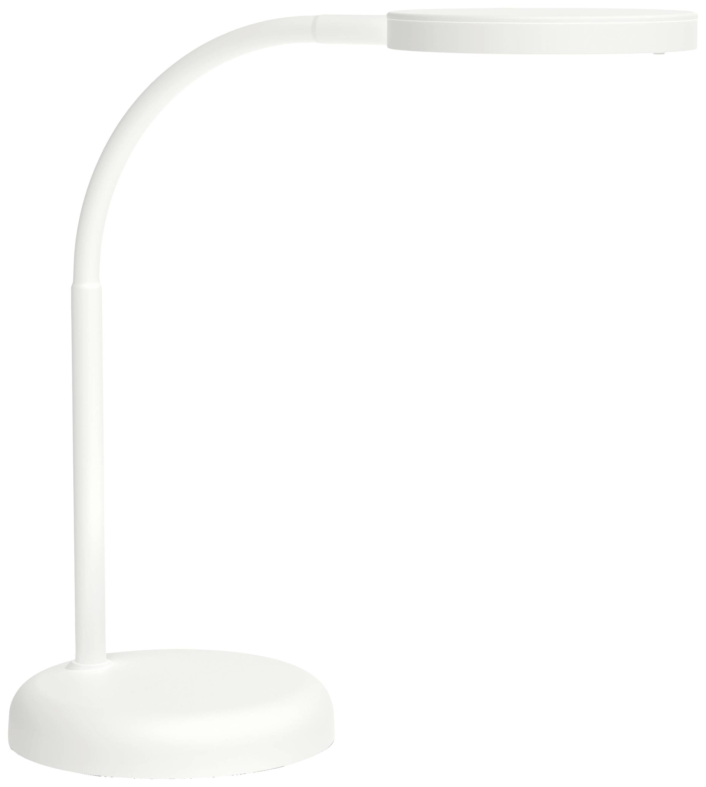 Biela, moderná stolná lampa so zahnutým krkom a plochým, okrúhlym tienidlom. Ideálna pre písacie stoly alebo nočné stolíky.