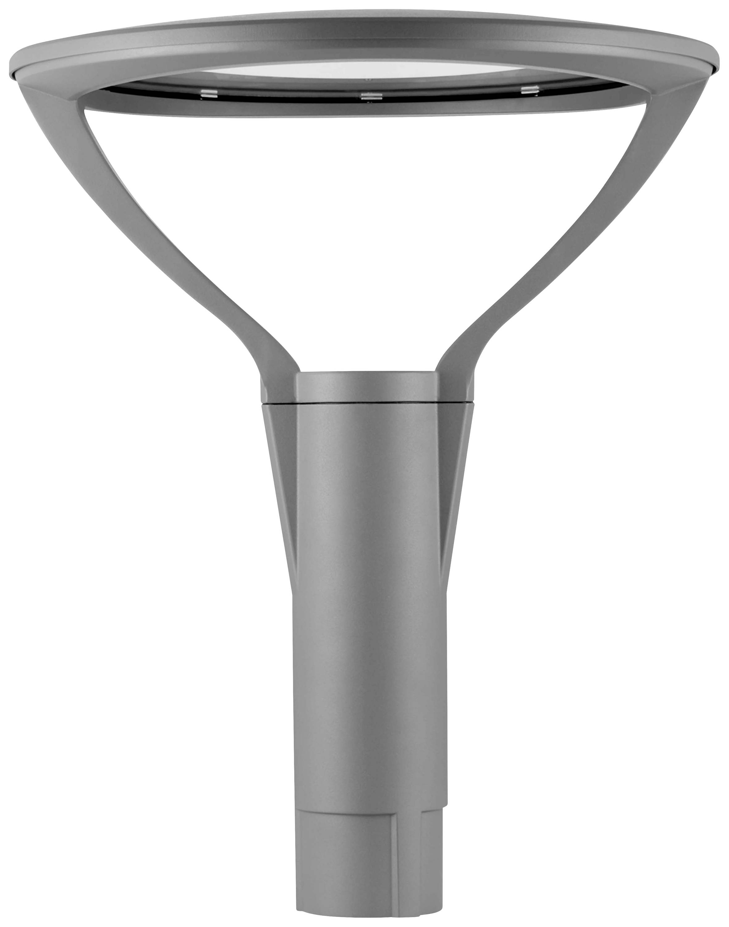 Moderná, samostatne stojaca pouličná lampa z kovu s minimalistickým dizajnom, okrúhlou svetelnou hlavicou a jednoduchým valcovitým podstavcom.