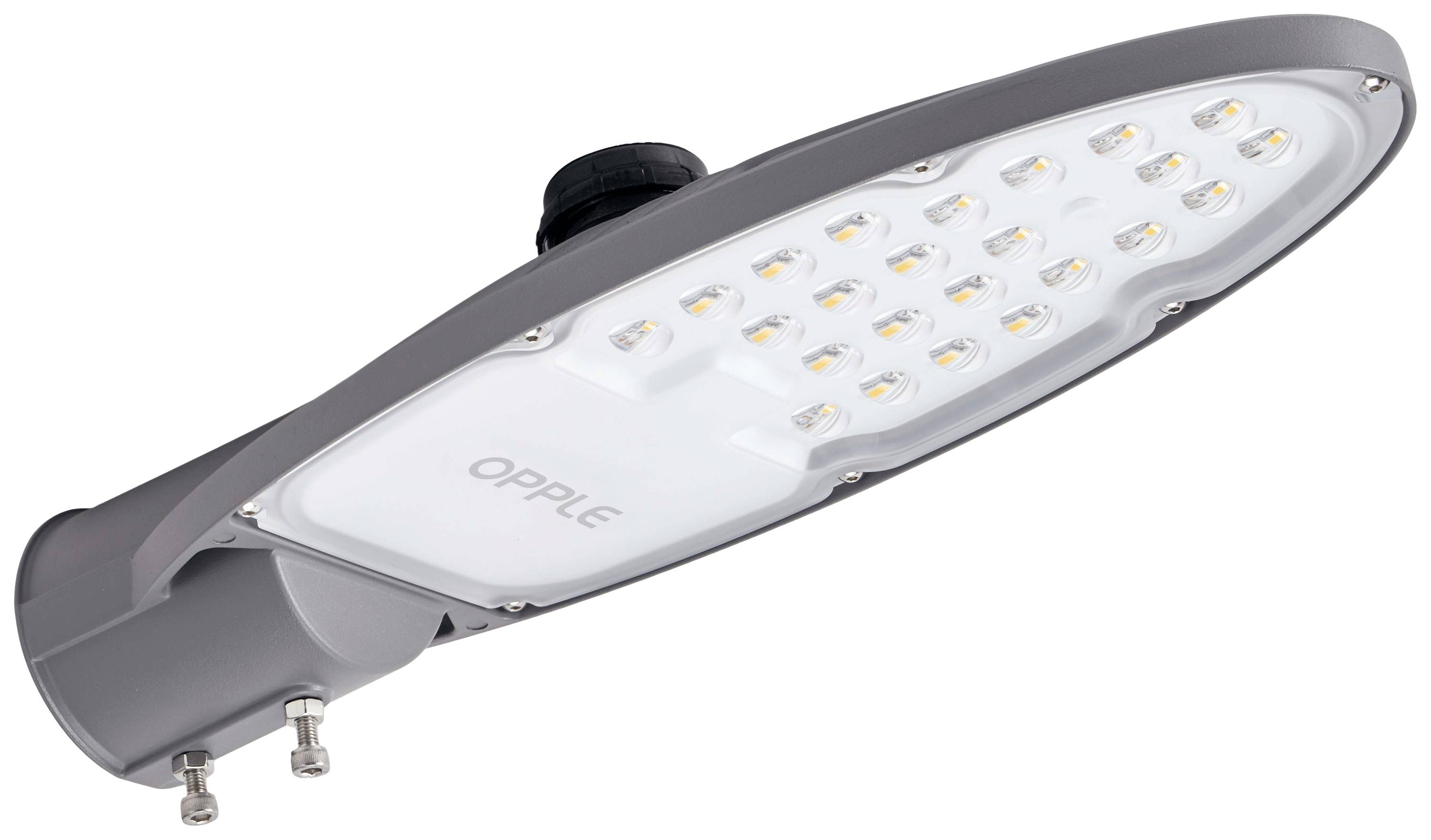 LED pouličná lampa s moderným, plochým dizajnom, označená nápisom 'OPPLE', inštalovateľná na stĺp.