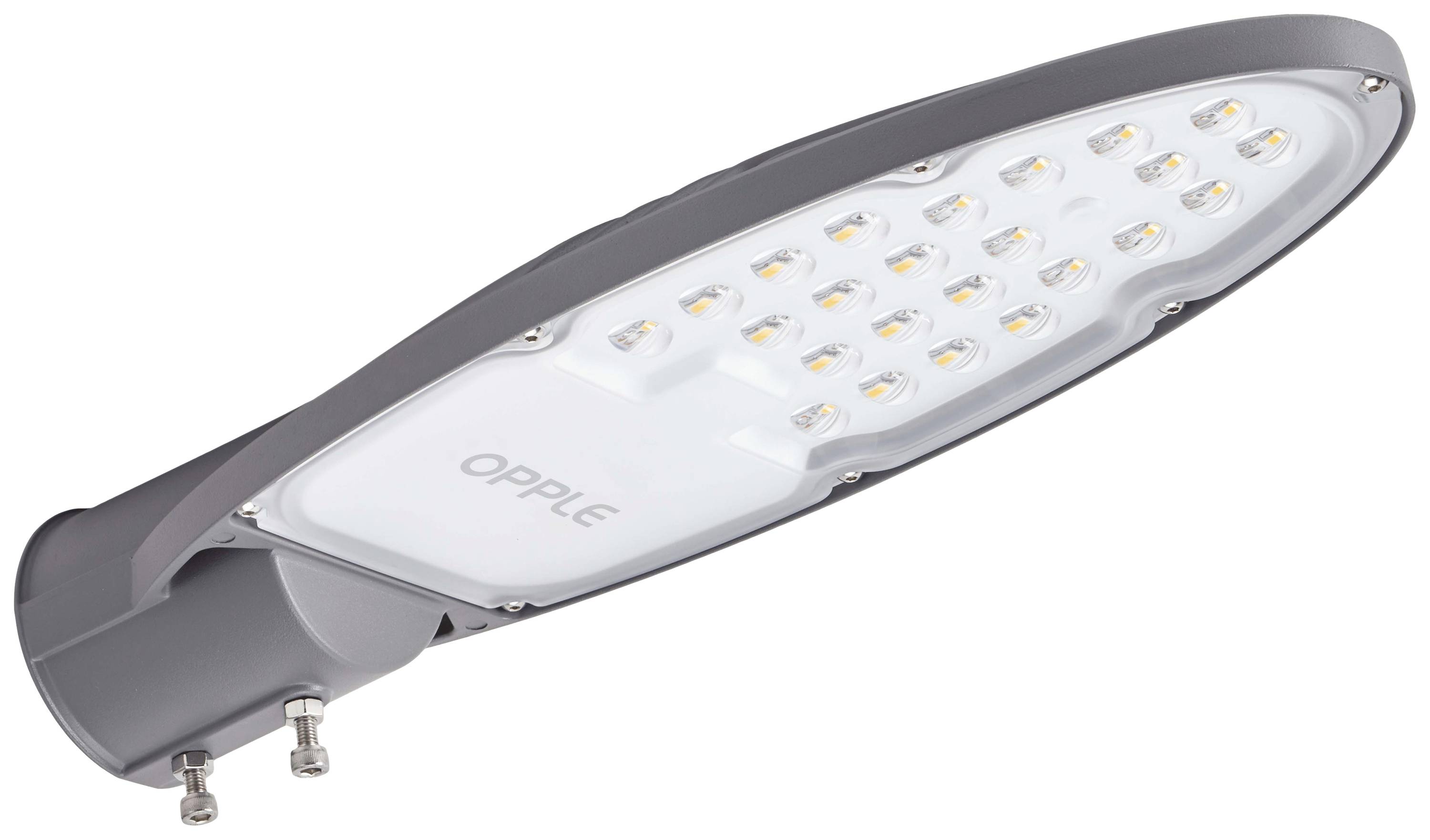 Moderná LED-pouličná lampa v šedej konzole s nápisom 'OPPLE', ktorá zobrazuje úsporné svetlá určené na efektívne pouličné osvetlenie.