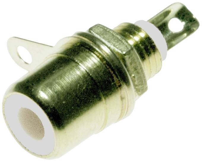 Kovový elektrický adaptér so zásuvkou v cylindrickom tvare so zabezpečovacím otvorom, vhodný pre audio/video pripojenia.