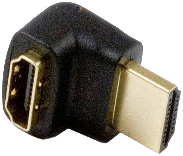 Čierny HDMI uhlový adaptér s jednou zástrčkou a jednou zásuvkou, ktoré sú usporiadané v pravouhlom 90-stupňovom uhle.