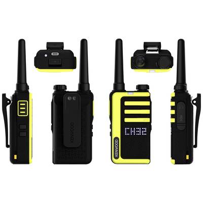 Niekoľko pohľadov na žlto-čiernu rádiovú stanicu s anténou a sponou. Na prednej strane je displej s LED displejom 'C:132'.