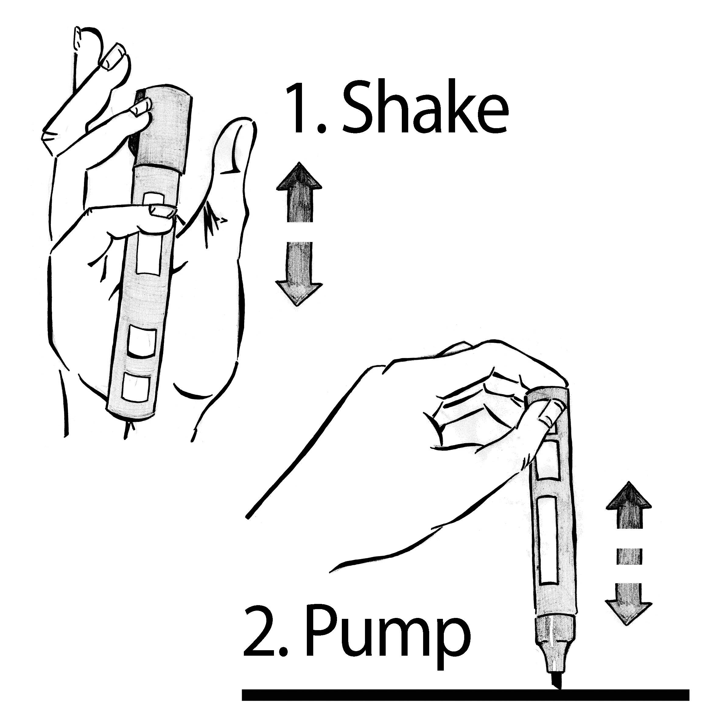 Inštrukčný diagram na používanie zariadenia podobného pero:<br>'1. Potrasenie' zvisle, potom '2. Pumpovanie' hrotu nahor a nadol.
