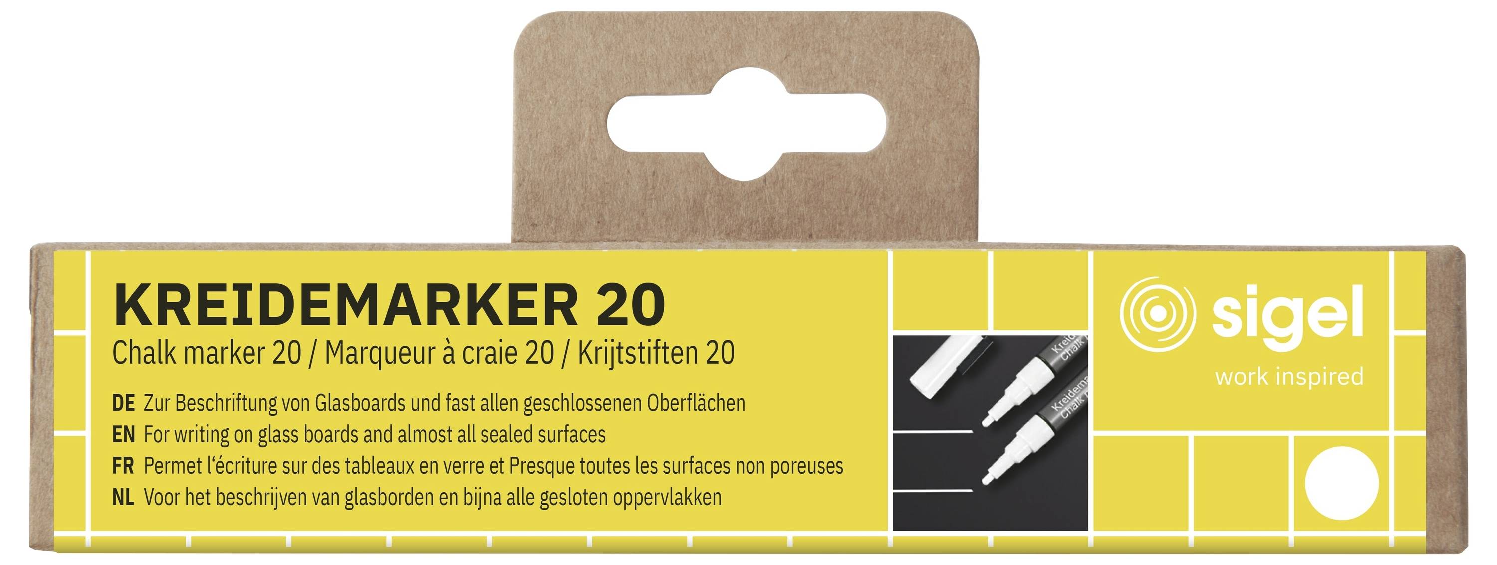 Balenie pre "KREIDEMARKER 20" kriedy značky, žltá a biela krabica označená sigel s podrobnosťami o produkte v multiple jazykoch.