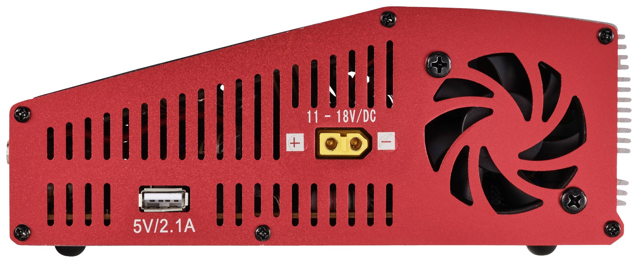 Červené zariadenie s ventilátorom a USB portom, vstup 11-18V/DC, výkon 5V/2.1A. Vhodné pre elektronické aplikácie.