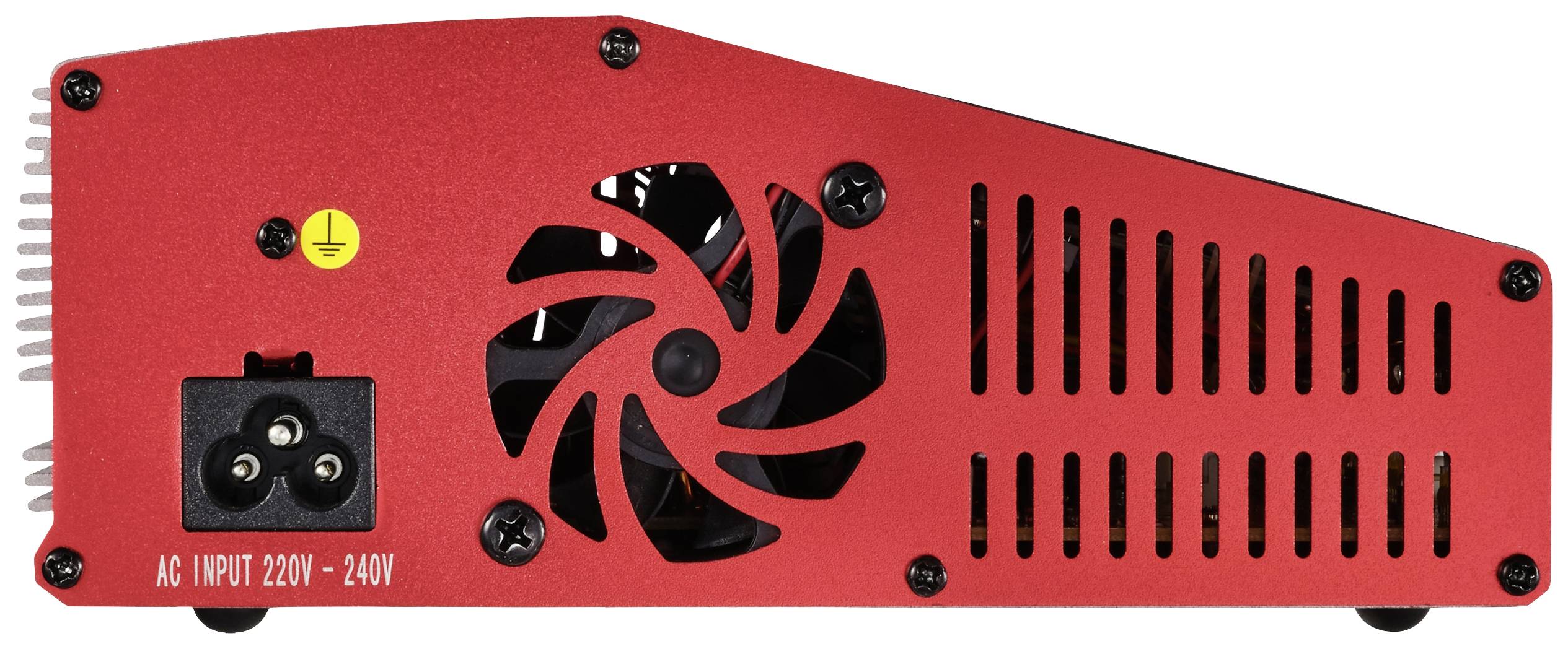 Červený elektrický napäťový menič s ventilátorom, vetracími otvormi a elektrickým konektorom. Označený nápisom 'AC INPUT 220V - 240V'.