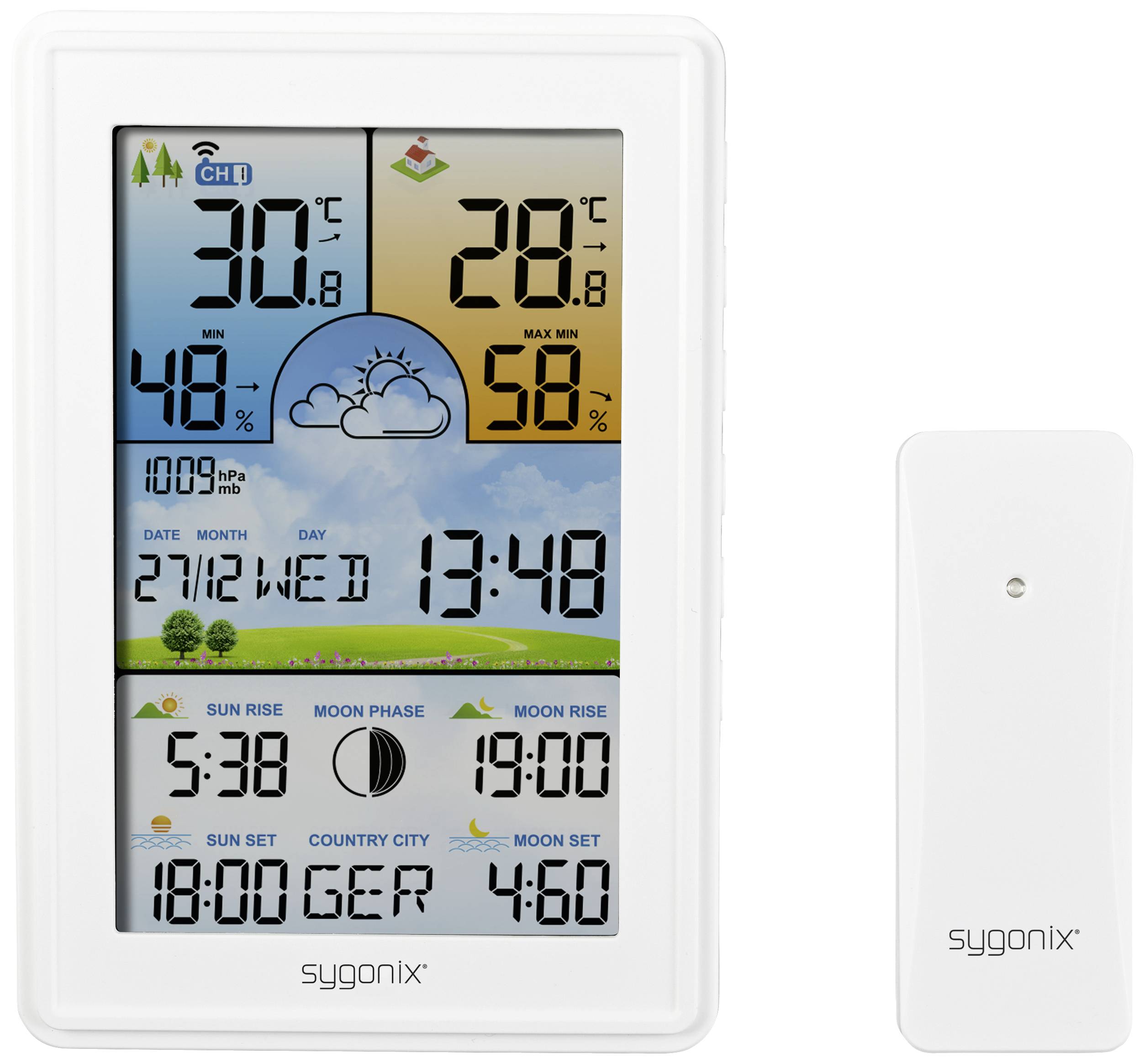 Elektronická meteorologická stanica s vonkajším senzorom. Zobrazuje aktuálnu, minimálnu/maximálnu teplotu a vlhkosť vzduchu, dátum, čas a fázy mesiaca.