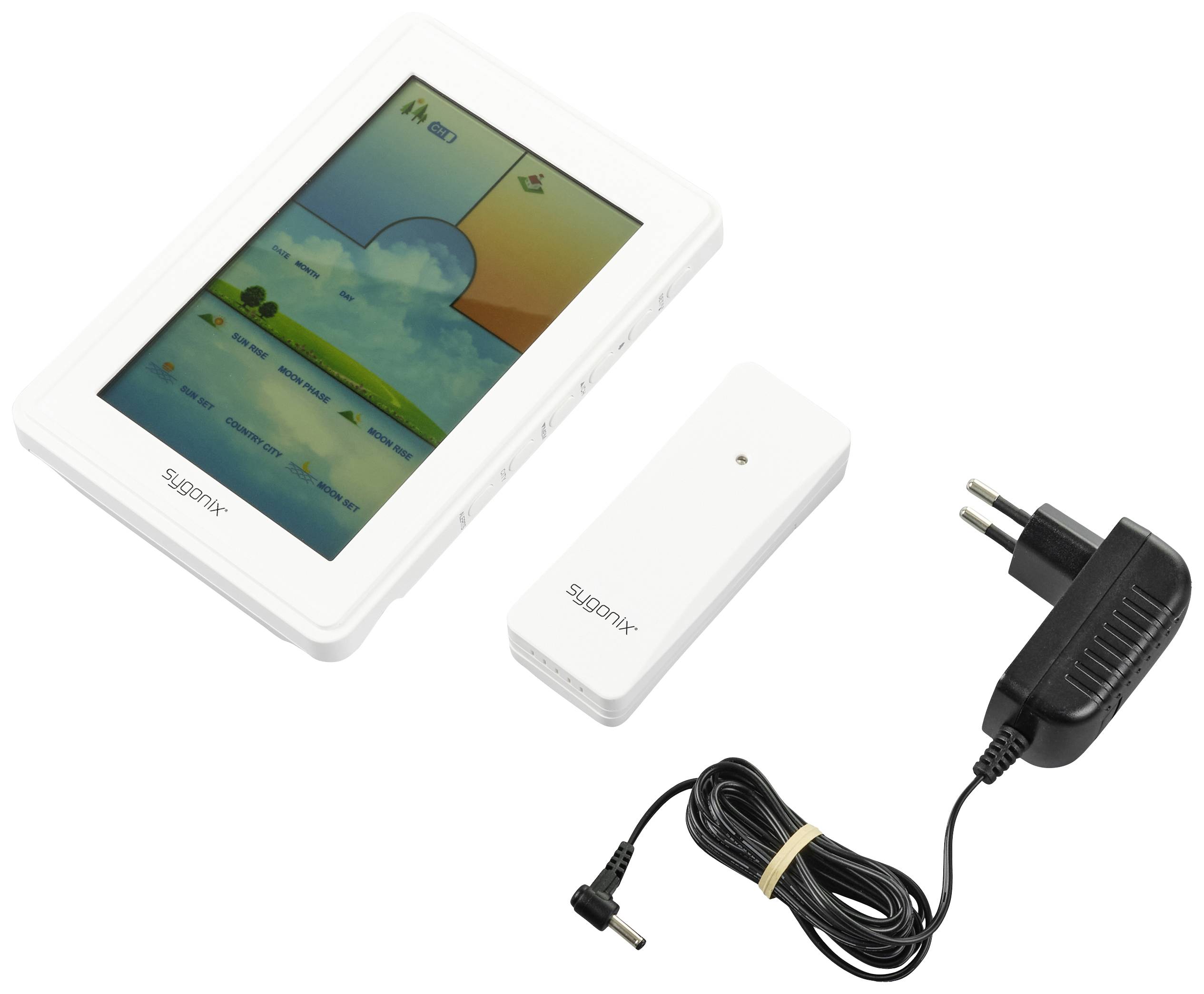 Tablet s farebným užívateľským rozhraním, vedľa USB adaptér a napájací adaptér s káblom.