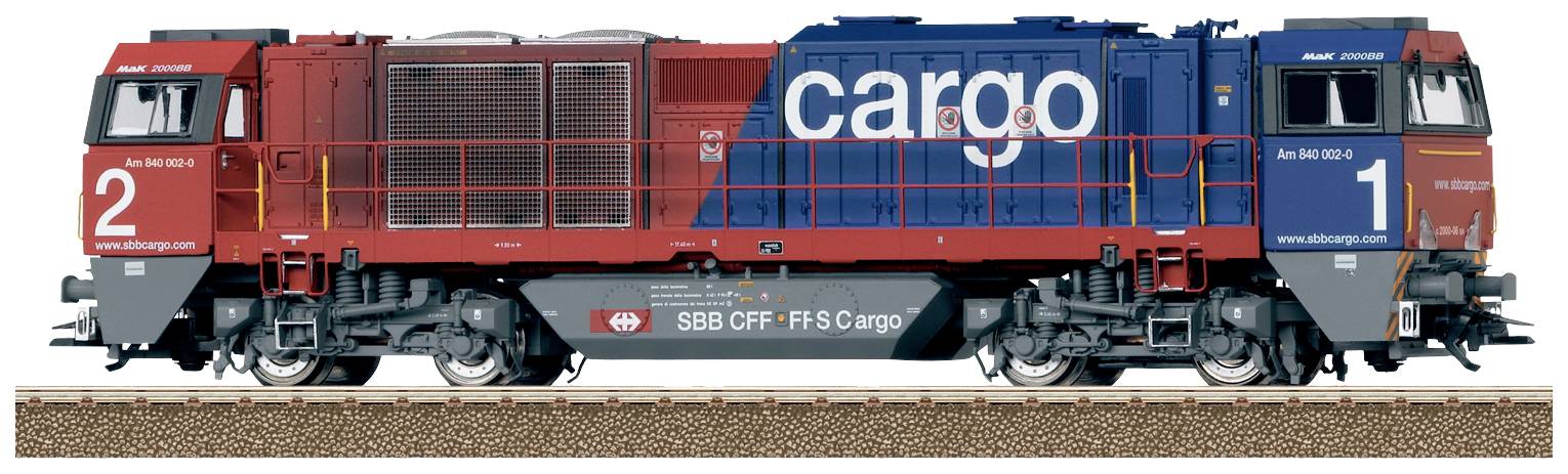 Červená a modrá lokomotíva spoločnosti SBB Cargo, očíslovaná 1 a 2, stojí na koľaji.