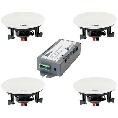 Päť okrúhlych stropných reproduktorov obklopuje obdĺžnikový sivý elektronický modul.