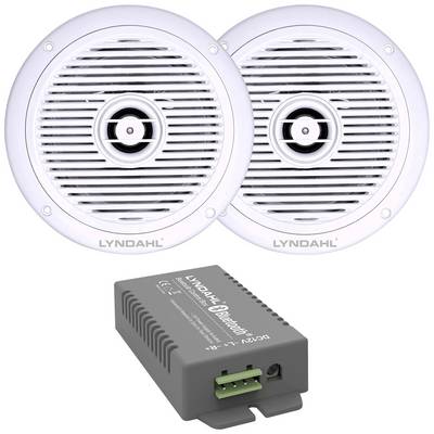 Dva biele reproduktory značky LYNDAHL s krytom, vedľa nich sivý Bluetooth prijímač na bezdrôtový prenos audia.
