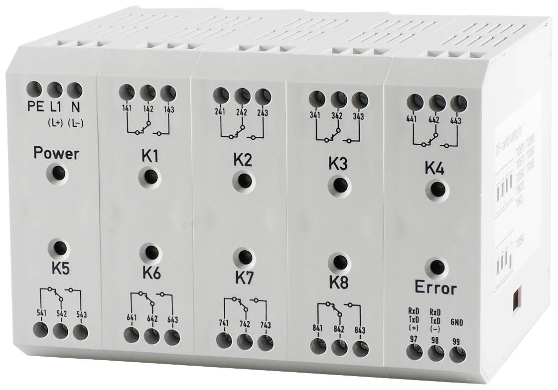 Biely elektronický modul s ôsmimi slotmi, označený ako 'Power', 'K1' až 'K7' a 'Error'. Symboly pod každým slotom.