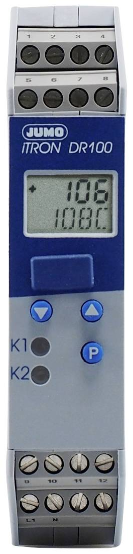 Regulátor teploty s digitálnym displejom. Zobrazuje '108' a '108°C'. Dve tlačidlá so šípkami, jedno tlačidlo 'P'. Označený ako 'JUMO iTRON DR100'.