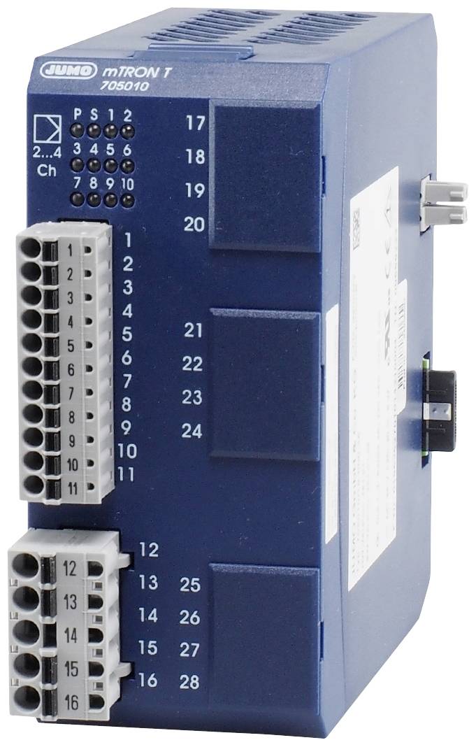 Modrý elektronický riadiaci modul s prípojkami a číslovanými kanálmi, pravdepodobne určený pre priemyselné aplikácie.
