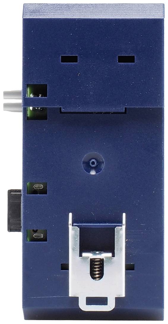 Modré elektronické zariadenie s kovovým klipom na spodnej strane, pohľad spredu. Horná časť má obdĺžnikové otvory.