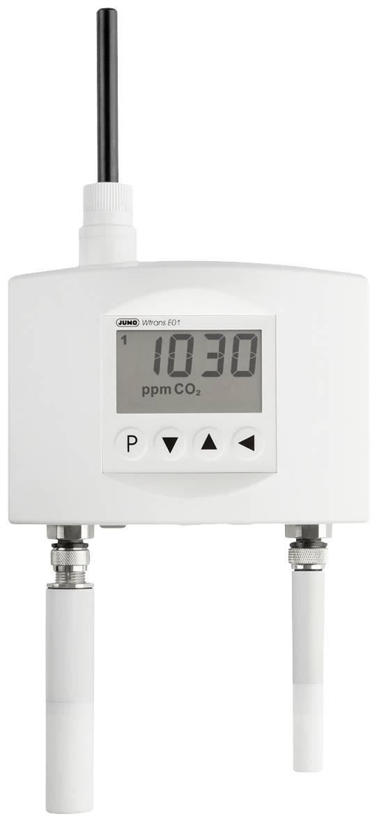 Zariadenie na meranie CO2 s displejom zobrazuje 1103 ppm. Hore anténa, dole dva senzory. Prístroj na monitorovanie kvality vzduchu.