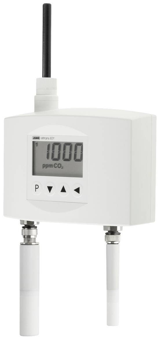 CO2 merací prístroj zobrazuje hodnotu 1000 ppm na digitálnom displeji. Má anténu a dva senzory umiestnené dole.