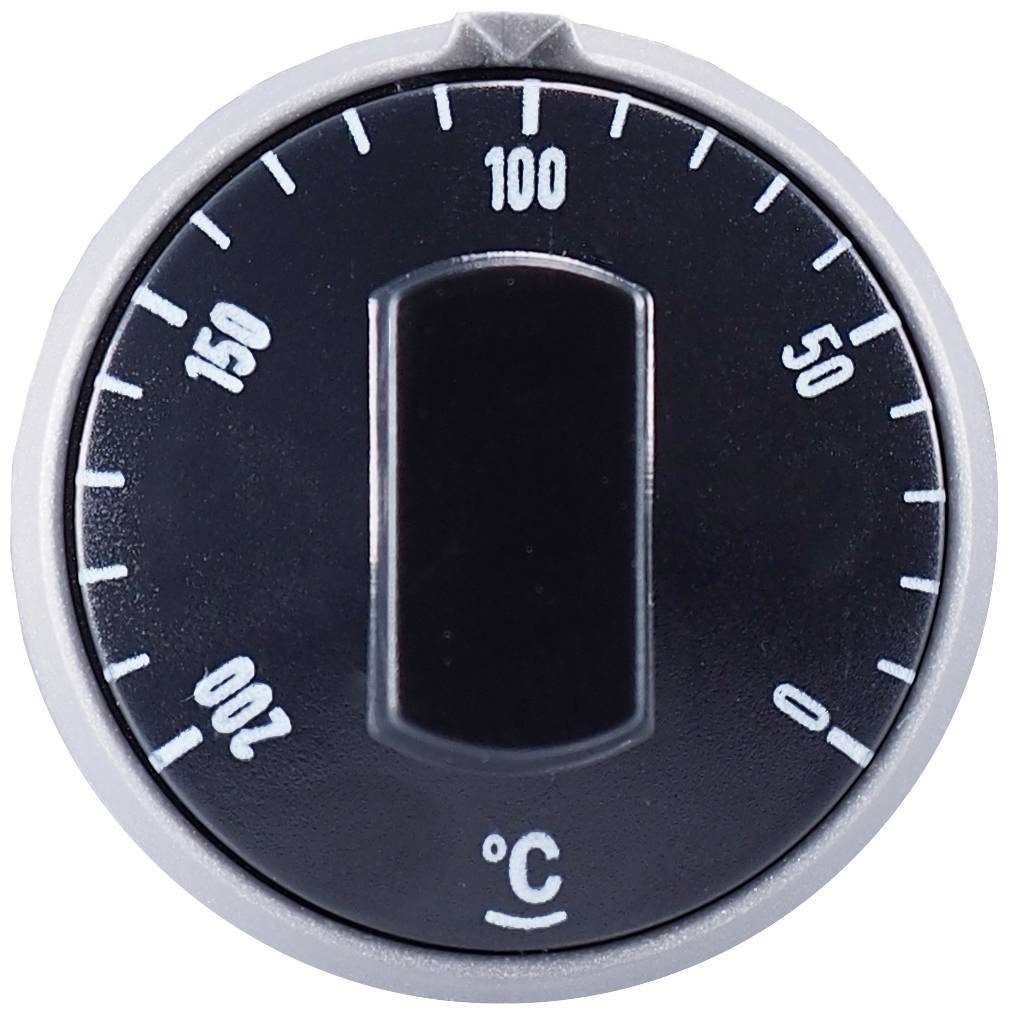 Čierne ciferník zobrazuje teploty od 0°C do 250°C, nastavené približne na 100°C, s bielym ukazovateľom.