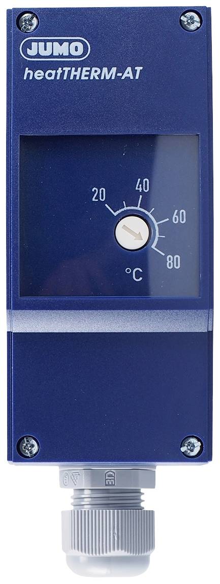 Modré termostatické zariadenie so stupnicou od 0 do 80 stupňov Celzia s názvom značky 'JUMO heatTHERM-AT'.