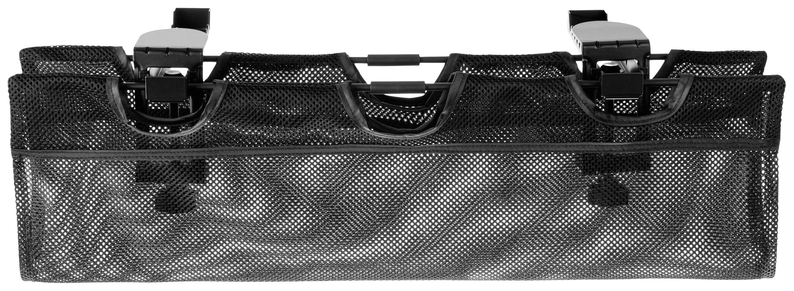 Organizér z čierneho sieťového materiálu s viacerými priehradkami, vhodný na pripevnenie na sedadlo automobilu na uskladnenie predmetov.