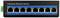 Priemyselný Ethernet switch s ôsmimi očíslovanými portami, so zelenými a žltými LED indikátormi nad každým portom.