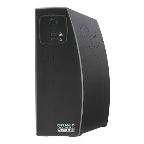 Čierne zariadenie UPS stojí vzpriamene. Na prednej strane sa nachádza vypínač a LED indikátor. Je viditeľná značka 'Olivine'.
