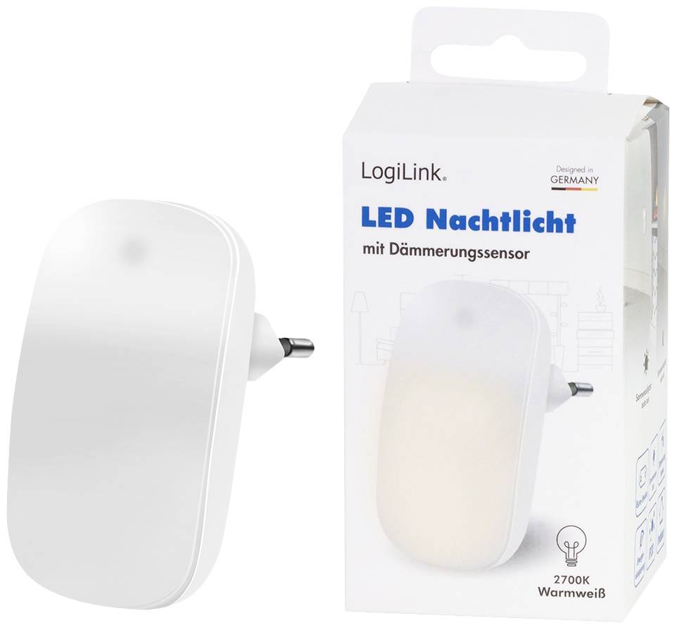 Nočné LED svetlo od LogiLink s súmrakovým senzorom, teplé biele svetlo, zobrazené s obalom. Navrhnuté v Nemecku.