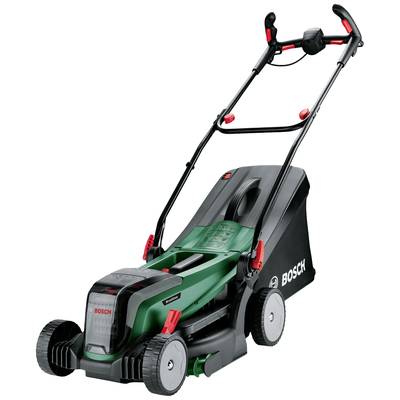 Elektrická kosačka značky Bosch so zeleno-čiernym dizajnom, štyrmi kolesami a zadným zberným košom na trávu.