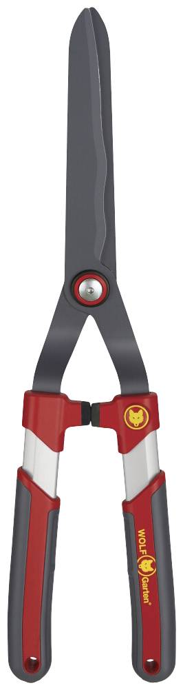 Záhradné nožnice v červenej a čiernej farbe, s dlhou, zakrivnou čepeľou a červenými rukoväťami s čiernymi gumovanými plochami pre lepšiu priľnavosť.