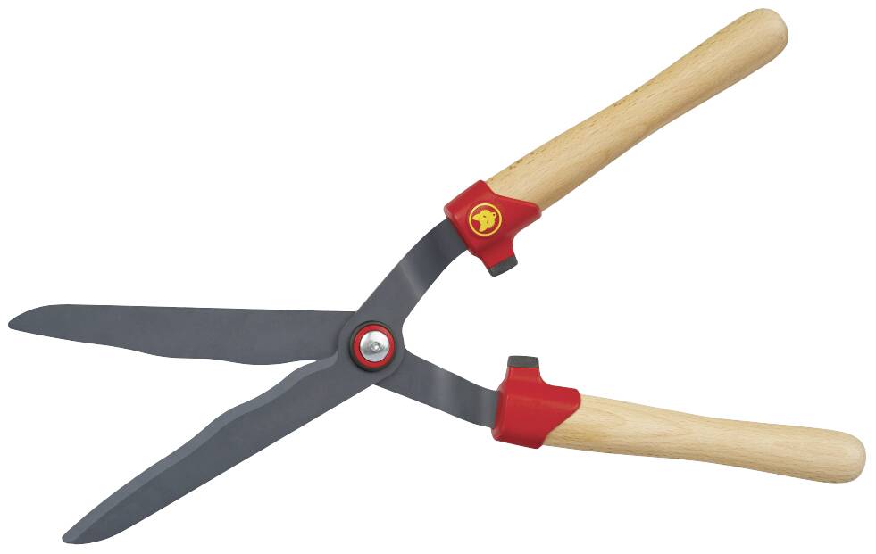 Nožnice na živý plot s drevenými rukoväťami a kovovými čepeľami. Používajú sa na strihanie a tvarovanie živých plotov a kríkov.