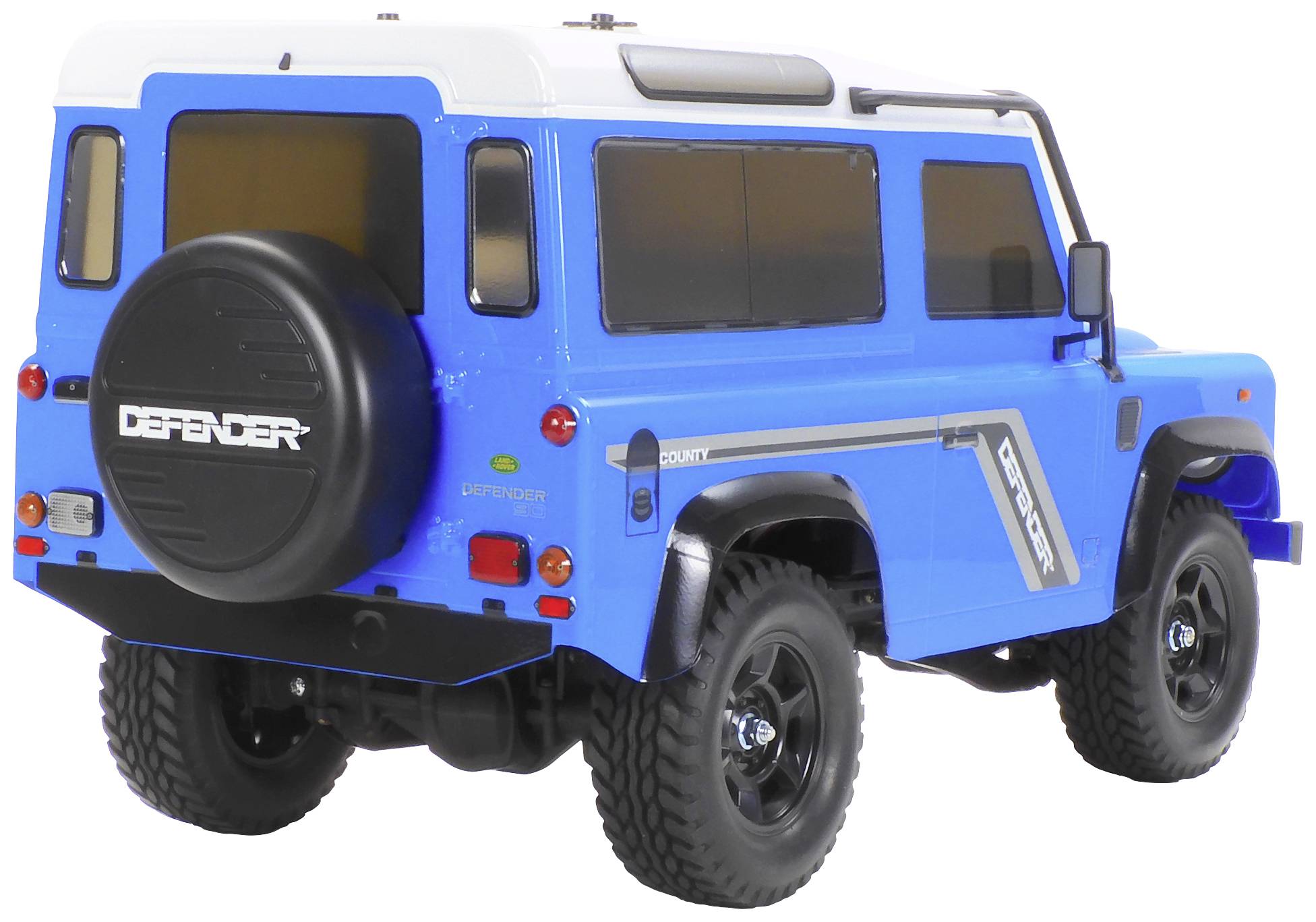 Model hračkárskeho terénneho automobilu v modrej farbe, pohľad zozadu, s náhradným kolesom a výrazným tvarom línie karosérie.