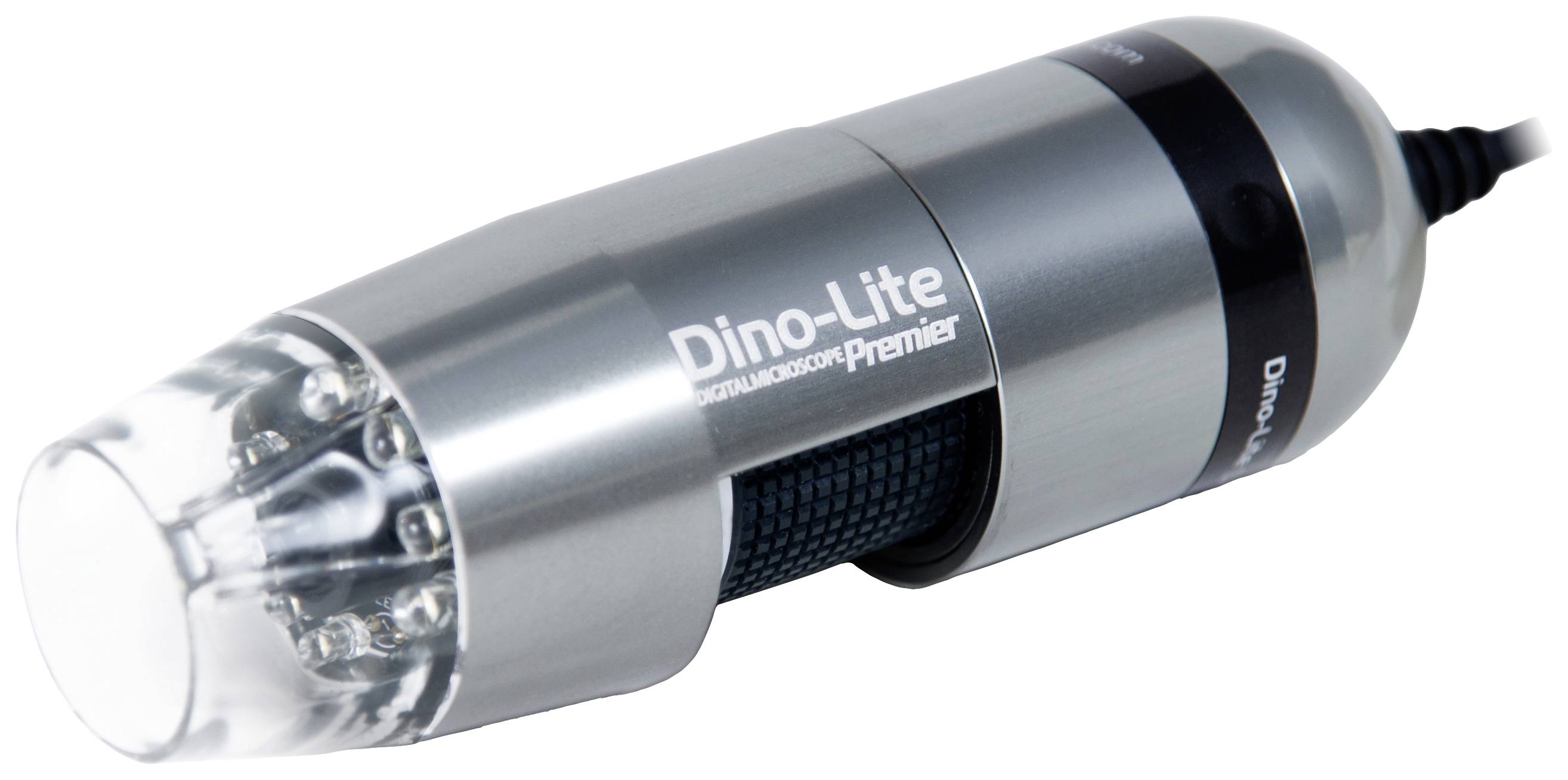 Strieborný, valcovitý digitálny mikroskop s LED osvetlením; na boku je vytlačený názov značky 'Dino-Lite'.