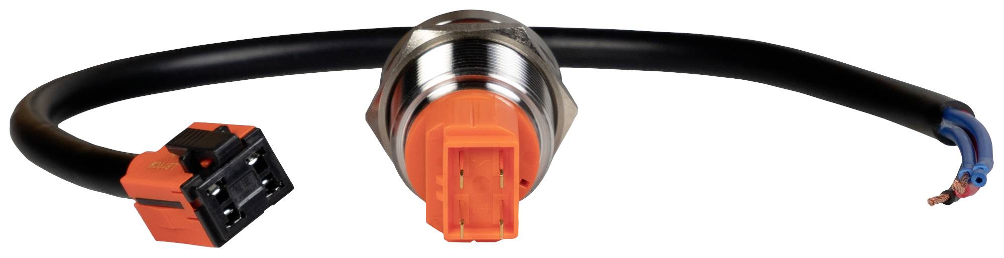 Oranžový elektrický konektor s dlhým čiernym káblom a voľnými koncami na zapojenie.