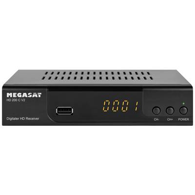 Megasat HD 200 C V2 digitálny HD prijímač s USB portom a LED displejom zobrazuje '00001'. Tlačidlá pre zmenu kanálu a napájanie.