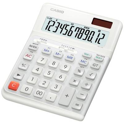 Biely kalkulátor značky Casio zobrazuje čísla '1234567890,12' na displeji. Tlačidlá sú určené pre rôzne matematické funkcie.