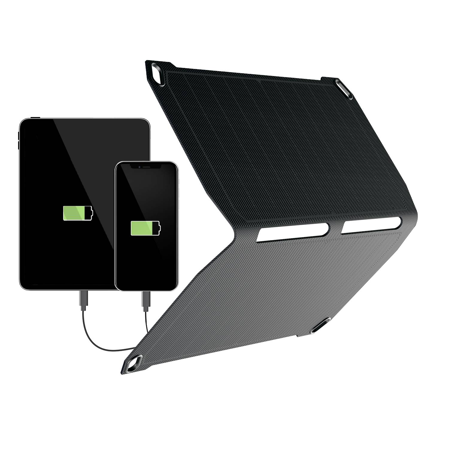 Solárny modul s dvoma USB portami nabíja smartfón a tablet, obe zariadenia ukazujú plné nabitie batérie. Prenosný dizajn.