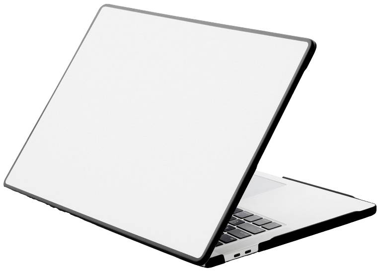 Otvorený laptop s prázdnou obrazovkou, mierne sfotografovaný z boku. Klávesy sú viditeľné, pozadie je biele.