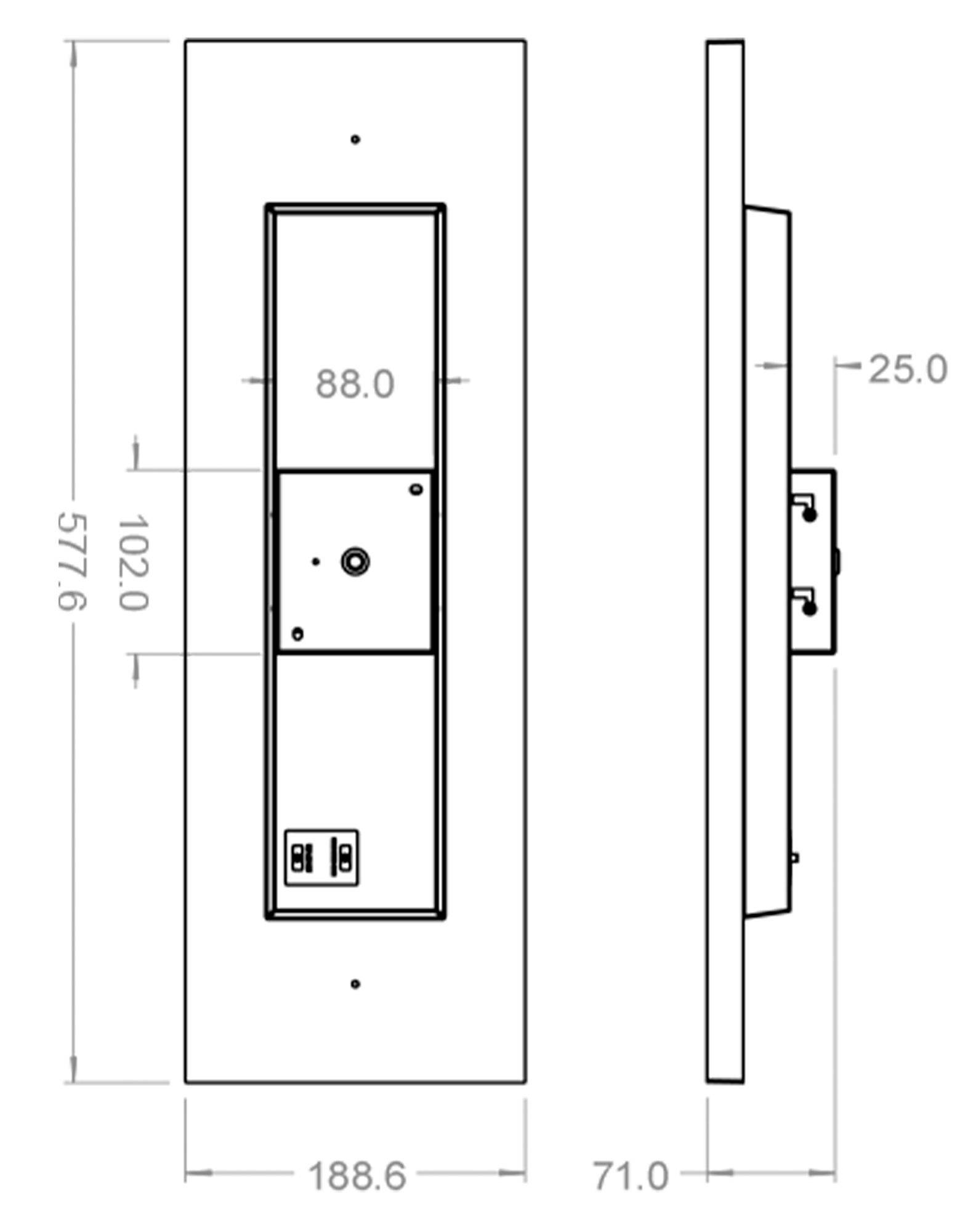 Technický výkres obdĺžnikového zariadenia s rozmermi: výška 577,6 mm, šírka 188,6 mm, hĺbka 71 mm. Pripojovací port dole.