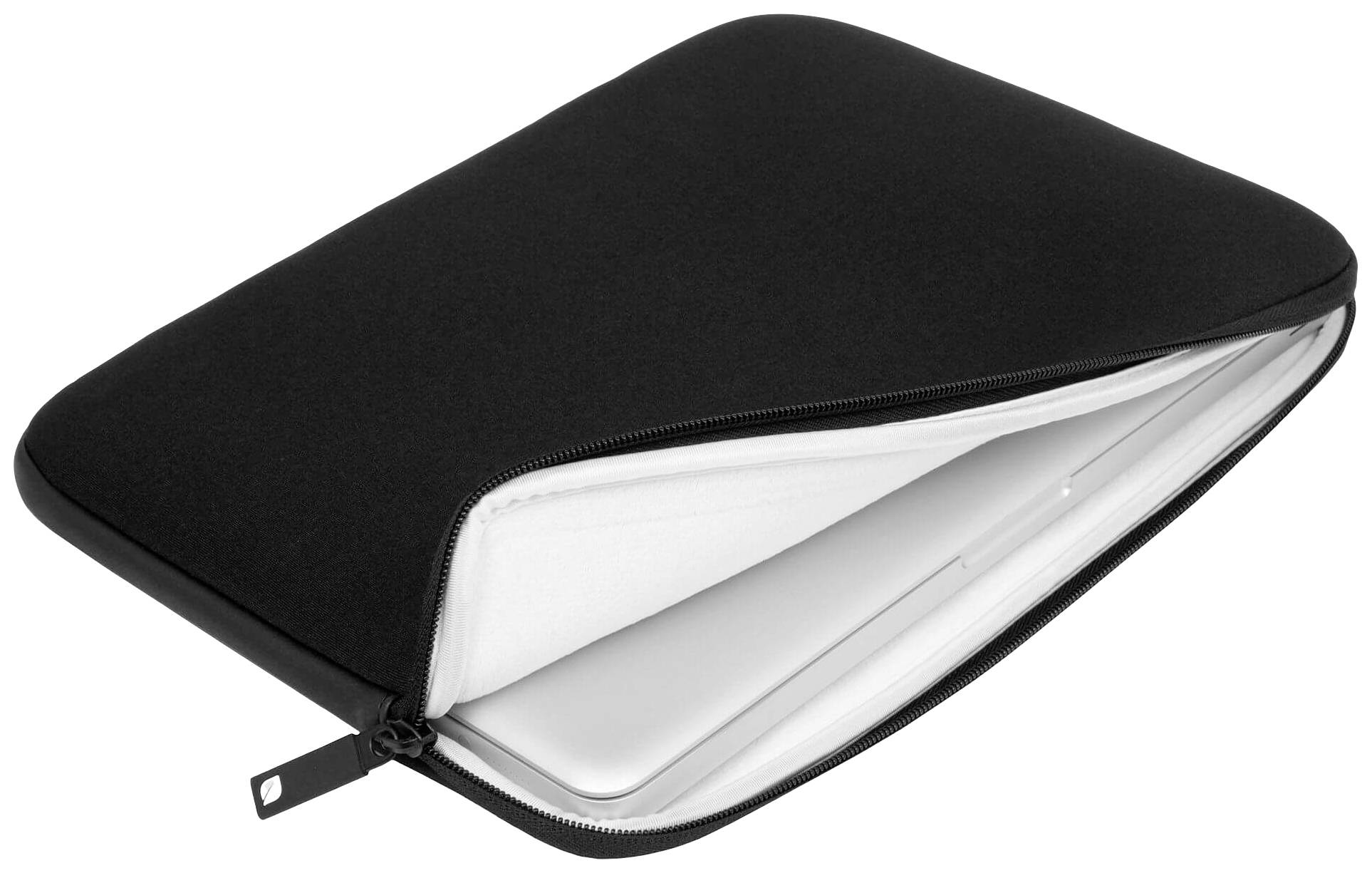 Čierne puzdro na notebook so zipsom, čiastočne otvorené, odhaľuje biely notebook vo vnútri.